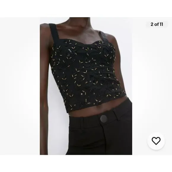 Zara Beaded Bustier Style Top Cropped Size Large Black Gold Sleeveless Festival - Picture 2 of 10